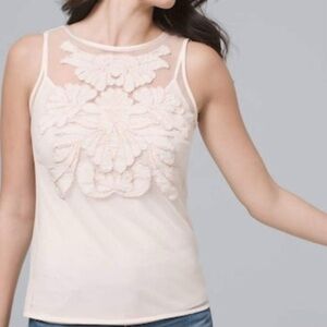 White House Black Market Blush Pink Mesh Beaded Appliqué Sleeveless Top size Med